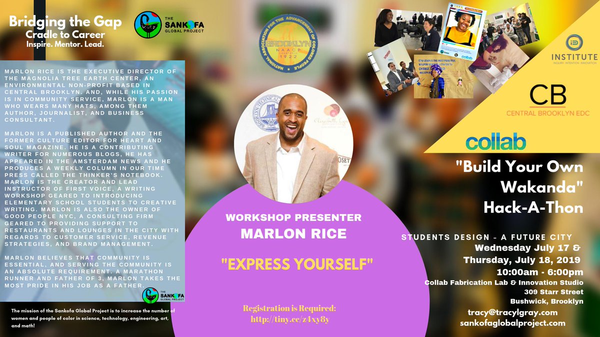 SankofaGProject's tweet photo. The #BuildYourOwnWakanda #HackAThon begins in two days!! .@marlonrice of #MagnoliaTreeEarthCenter will present "Express Yourself" and Jacob Bennett of @collabnyc will present "Sustainability for FutureCities!" Only a few spaces left! Register: https://t.co/5a2IoBO2aK https://t.co/OkhaZVuv2f