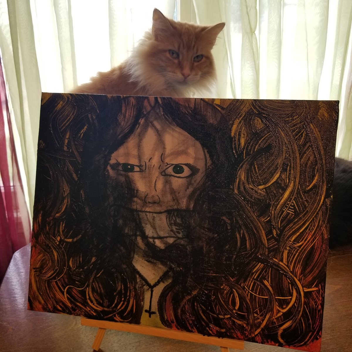 ToldAshley's tweet photo. So... I may or may not have made art today. My cat seems to be casting some pretty harsh judgment ๐ I don't appreciate that coming from a guy that licks his own butt. #painting #artmaybe #horror https://t.co/8kxz7xh1Pj
