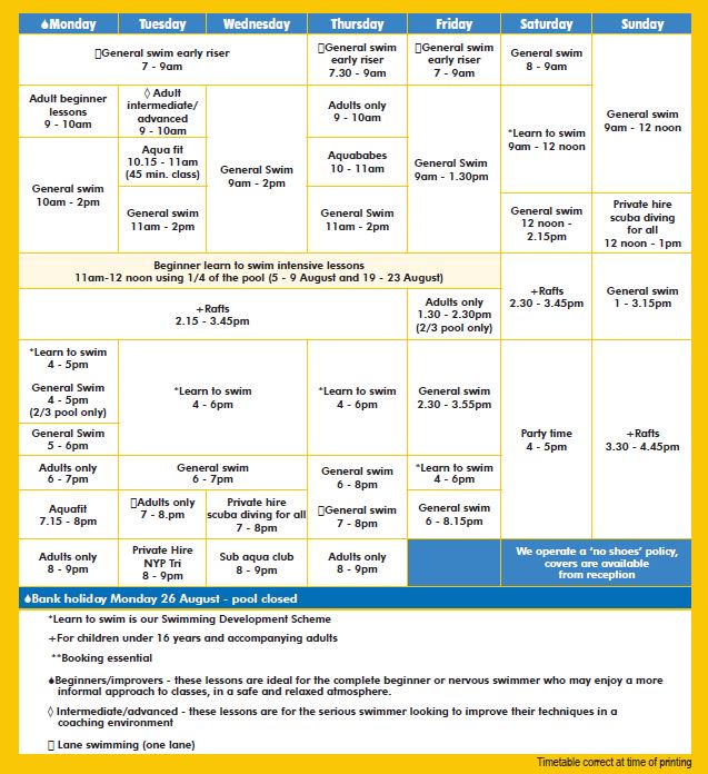 RiponSpaBaths's tweet photo. Due to end of term, General swim on Friday 19th July will begin at 10:45am. The Summer programme then begins next week as shown https://t.co/dva1DADdrI