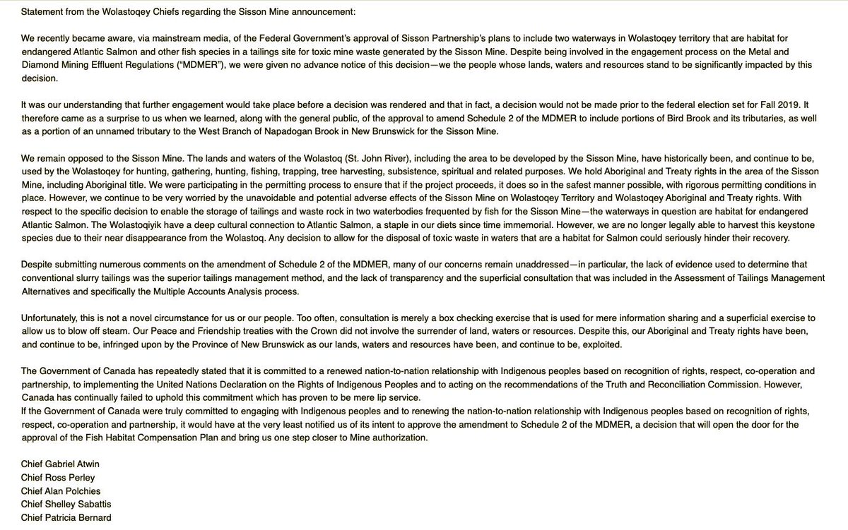 ravbasil's tweet photo. STATEMENT FROM #WOLASTOQEY CHIEFS
#SISSONMINE #nbpoli #nashwaak #wabanaki #APTN
@RussDiabo @MiningWatch @BruceMcIvor https://t.co/Dy51Ehobgy