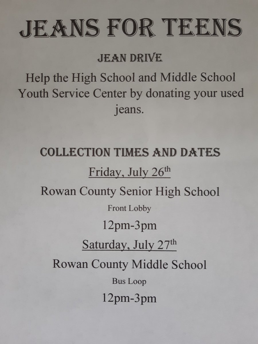 #JeansForTeens Help <a href="/RcshsYouth/">Charles Graham, RCSHS Youth Service Center</a> and <a href="/RCMSOffices/">RCMS Offices</a> by donating your gently used jeans.  
Collection Dates: 
High School - July 26th from 12-3
Middle School - July 27th from 12-3