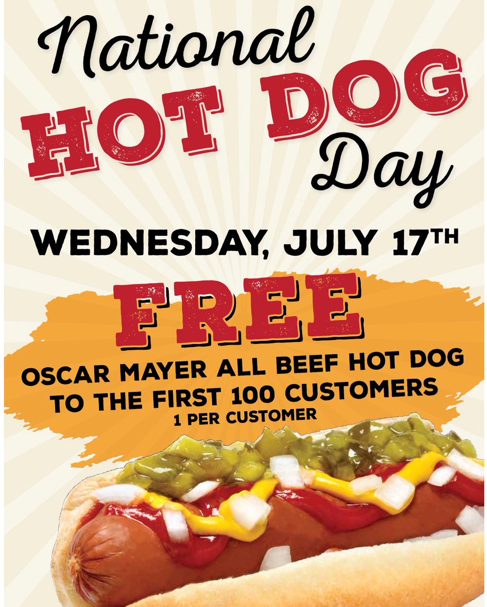 National Hot Dog Day is this Wednesday, July 17th! 🌭We've got a deal so that you can celebrate. 🎉 #NationalHotDogDay