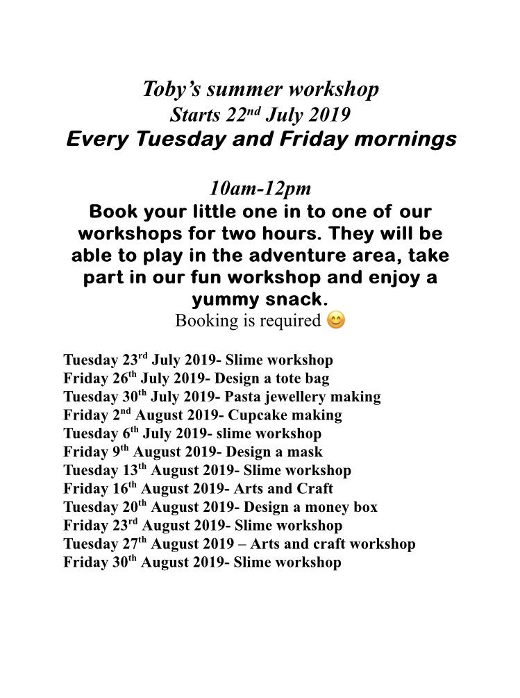 YAY!!!!!! We are super excited! Our workshops are here for the summer!🌞🌞

£10 per workshop 😊 
Sibling discount 10% 

Ages 3years + 

Booking is required 😊😊😊

Call: 02087695114
Email: theadventureclub@totstarsuk.com 
Or come in to the adventure club 🤸‍♀️🤸‍♀️🤸‍♀️