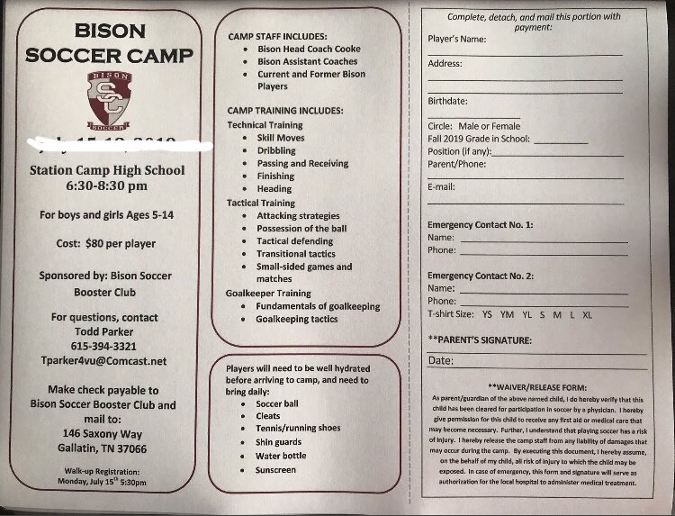 Camp has been moved to next week Mon 22nd-Thur 25 due to bad weather. Please pass this along to everyone that is interested.