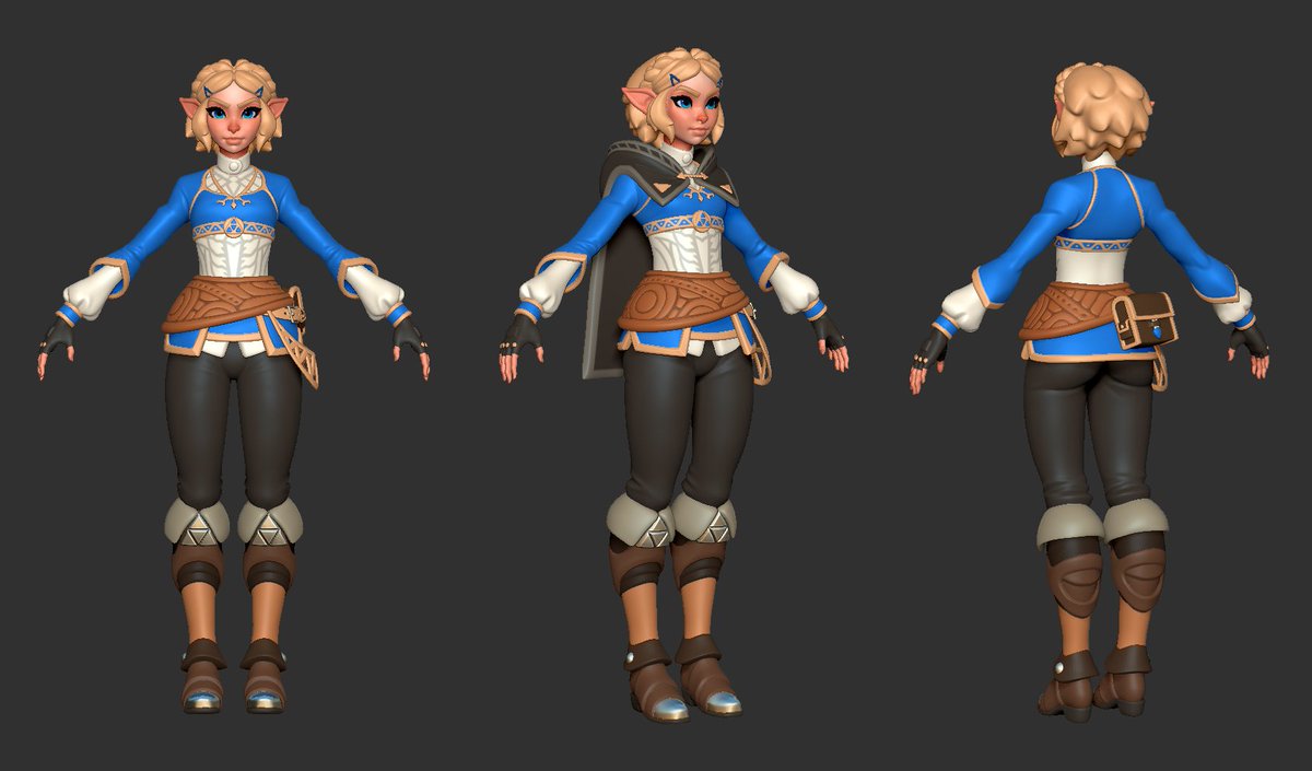 Zelda Update: Still refining elements, but she's finally out of the blocking stage. Getting those folds in. Deciding on tertiary shapes. Planning another pass on her cloak and some more treatments on her big belt. Getting closer. #wip #zbrush #zelda #botw2 #gameart