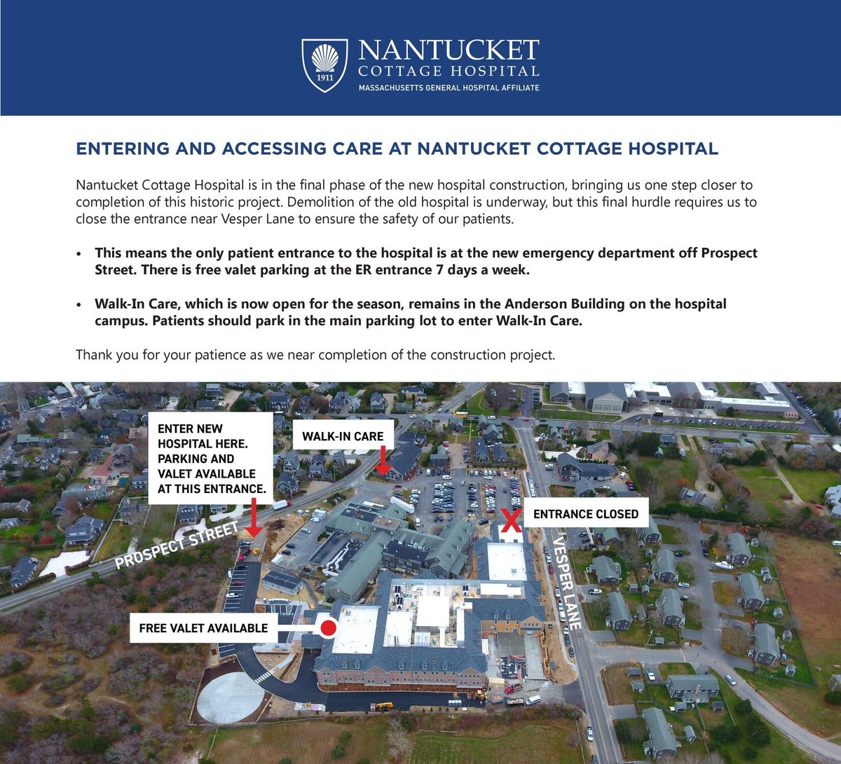 Please help us by retweeting this info! 

We are still finding some patients are trying to access the hospital from the main parking lot, where the entrances are temporarily closed due to demolition. The only patient access to the hospital is currently at the new ER entrance. RT!