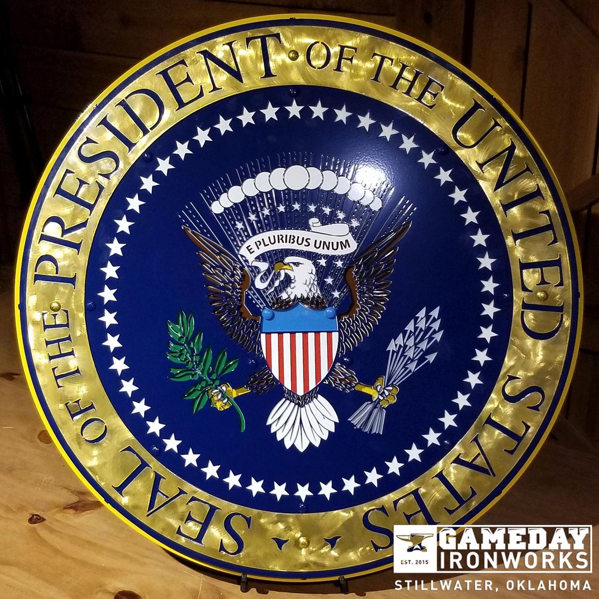 gamedayironwork's tweet image. @realDonaldTrump Mr. President, it was an Honor to be invited to the White House for the Made in America Product Showcase and a Privilege to present this custom piece!