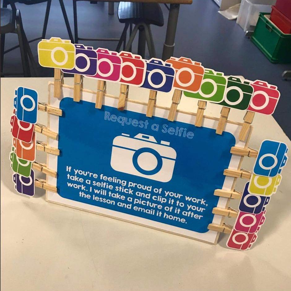 Luv this idea! Students are encouraged to work on an assigmnt til they r proud to hav a pic sent home-they then put a selfie Clip on it to let the tchr  and the teacher takes pics and emails them home that day. #holdthebarhigh #motivation #takingcharge