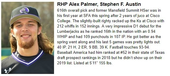 DellaTora's tweet image. 2 more scoreless innings for Alex Palmer in the Gulf Coast League today. 4 innings, 0 runs, 1 hit, 4 punchouts to begin his pro career. #Astros #MLBDraft2019 #AxeEm @SFA_Baseball