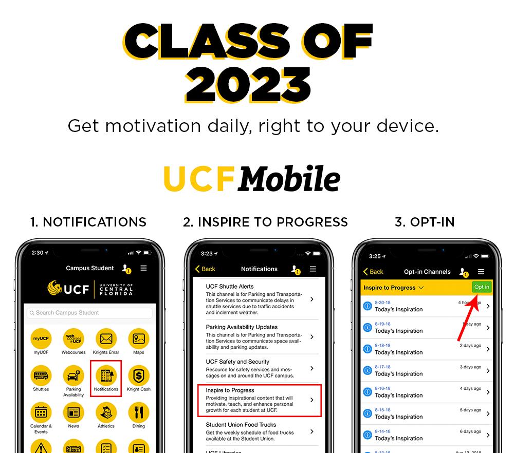 ucfmobile's tweet image. Hey @UCF Class of 2023! Use the @ucfmobile app to get daily inspiration and motivation send directly to your smartphone.