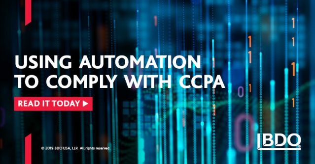 JoeRehmEA's tweet photo. For companies who currently collect personal data, enhanced strategies must be implemented to ensure compliance with new #CCPA regulations. Here's how #automation can help streamline the process (via @BDO_USA) https://t.co/9acduF9S8A https://t.co/iJHtpVZ2rW