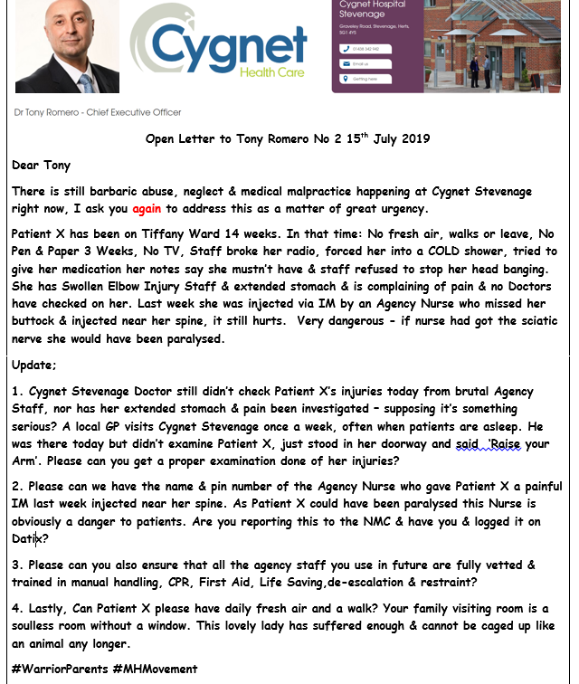 CAMHSinCRISIS's tweet photo. @Summ35211578Ian @senanonymous1 @TaniaAmysmum @cygnethealth @CareQualityComm @ENHertsCCG @HertsSab @MattHancock @JackieDP @KeeleyMP @normanlamb #DearTony
Very disappointing that #Cygnet #Stevenage didn't follow up on concerns for Patient X's yesterday, here's another open letter.

@nmcnews @Rebeccasmt @LouHaigh 

#ParentWarriors #MHMovement @mcwilliam831 https://t.co/nFjPqpA6ky