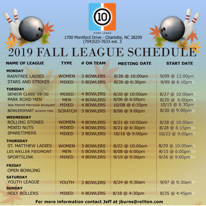 🍂🎳🍂FALL LEAGUE SCHEDULES ARE HERE! 🍂🎳🍂

It's that time of year again... Fall League signups! Check out our great lineup of leagues and help us to spread the word!

📝Signups or questions, email: JBurns@RollTen.com