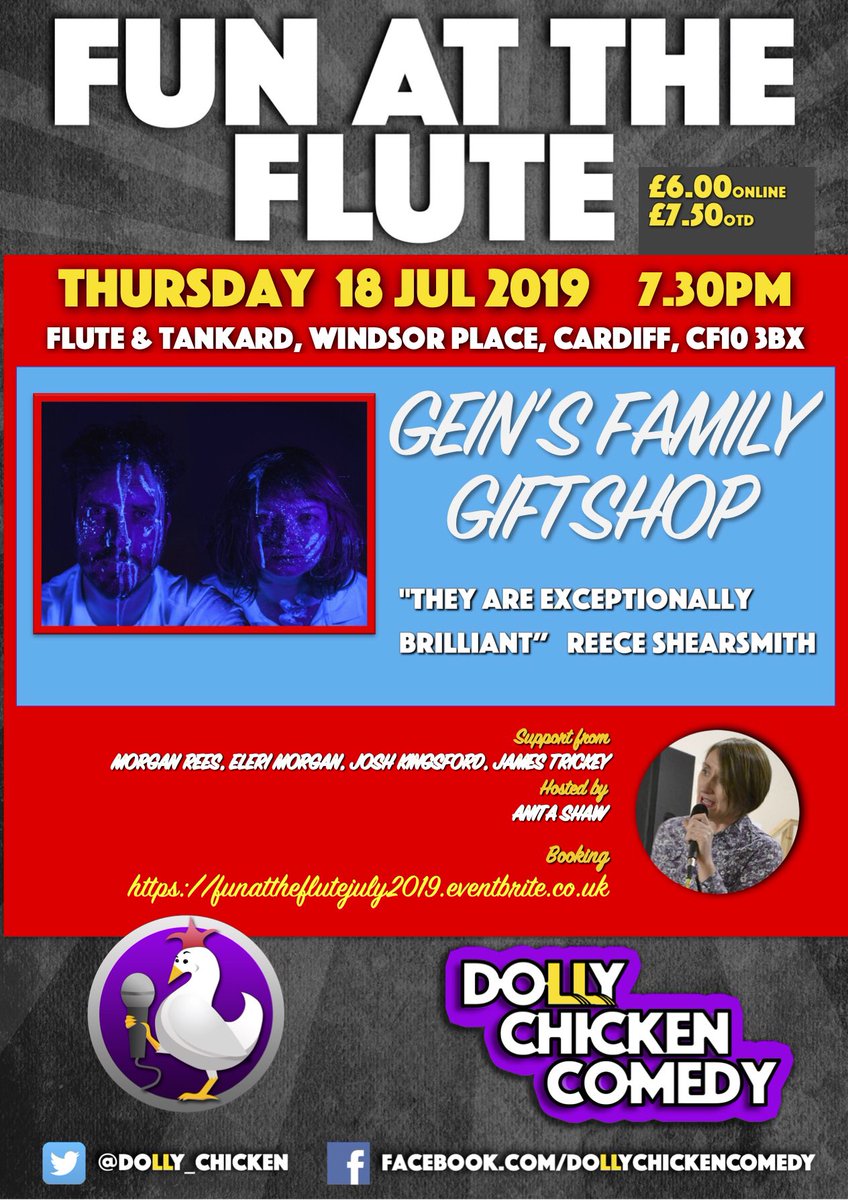doLLy_chicken's tweet image. It’s this Thursday with @GeinsFamilyGift @RealMorganRees5 @Eleri_Morgan @joshkingsford @JamesTrickey_  tickets £6+bkg fee here https:funattheflutejuly2019.eventbrite.co.uk or £7.50 on door #cardiff #comedy