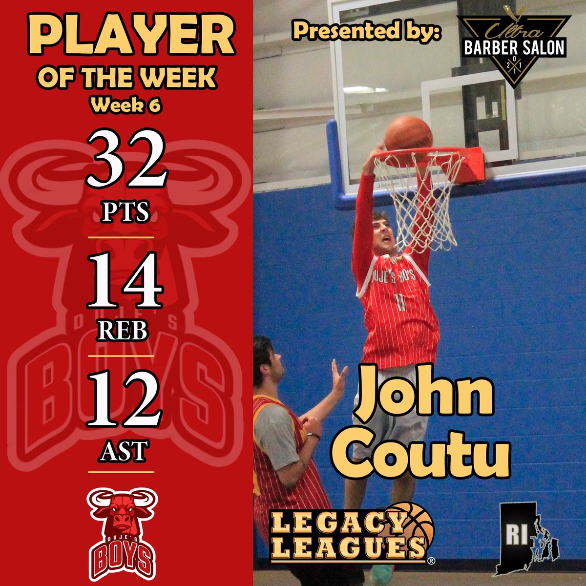 Legacy_Leagues's tweet photo. The @dujesboys dominated in Week 6 thanks to a big-time performance by @23jcouts! He stuffed the stat sheet recording a triple double to earn Week 6 Player of the Week honors! Congrats! #BuildYourLegacy https://t.co/1yqJQ3kkih