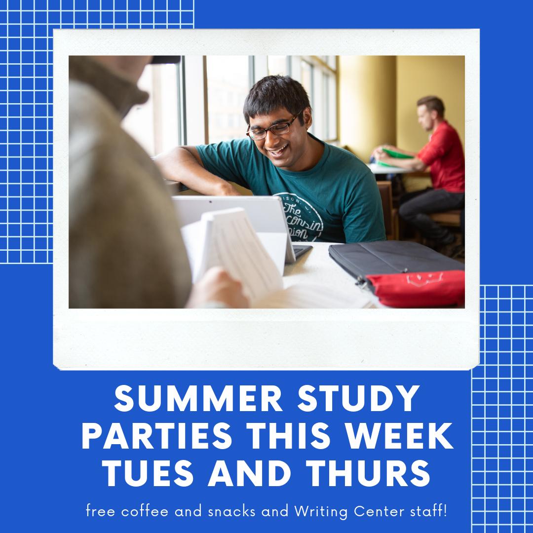 UWSummer's tweet photo. Bring your laptop to get some school work done TOMORROW at the Mendota Lounge outside of Outdoor UW in Mem Union and the 13th floor study room in Ed Sciences on THURSDAY! Free coffee, breakfast snacks and writing center staff will be available!
Help us spread the word!
#UWsummer https://t.co/9IJaCtA0Wg