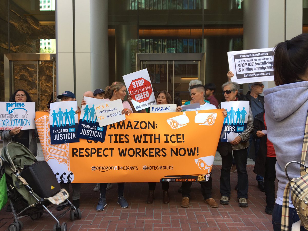 powerswitchact's tweet photo. We're here at the @amazon office in SF demanding #NoTechforICE and showing solidarity with striking warehouse workers in MN! #PrimeDay to #DropICE #hearourvoice https://t.co/oDc8enMHdH
