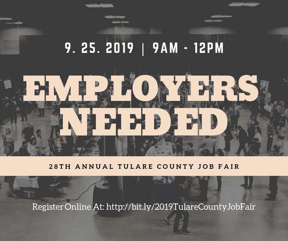 📢 Attention #CentralValley businesses, organizations, educational institutions: Interested in having a booth at this year’s Tulare County Job Fair? Sign up online at: bit.ly/2019TulareCoun…