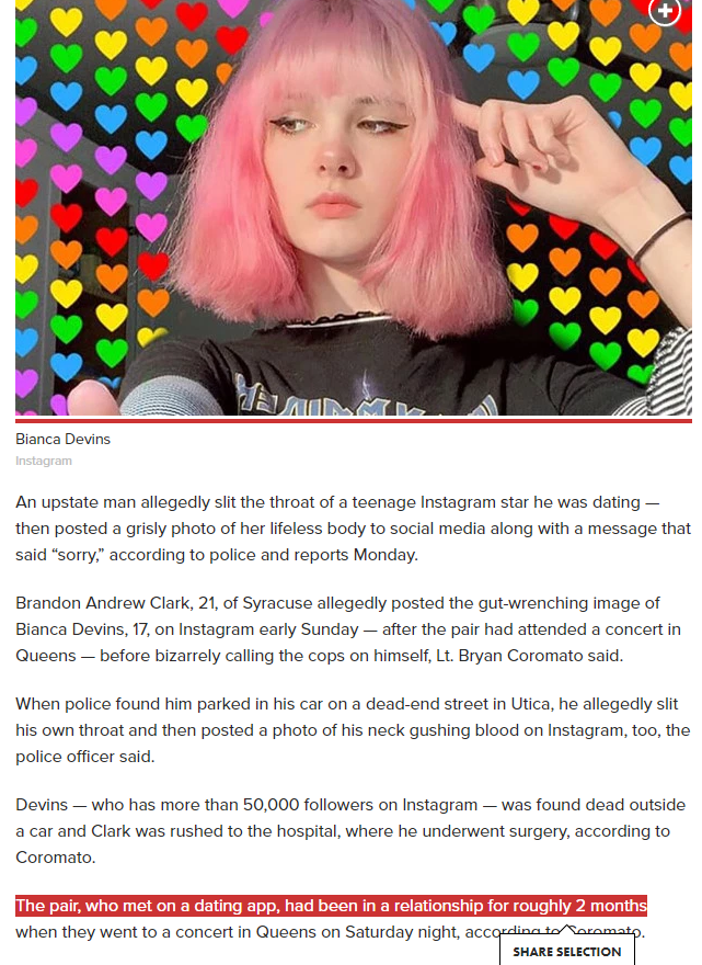 According to Syracuse police, Bianca only knew her killer for 2 months. The news story on New York Post identifies him as her boyfriend, but friends of hers have told me personally that they did not have that close of a relationship even though they knew each other IRL.