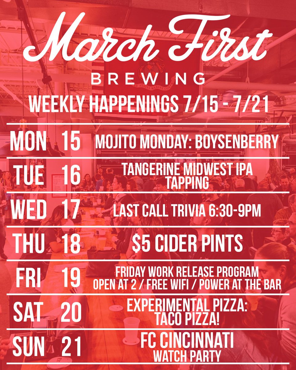 marchfirstbrew's tweet photo. We're excited for another fun week in the taproom! We do hope you join us! #M1Brew #cincybeer #ohiobeer #drinklocal #cincinnati #brewery #cincycider #ohiocider https://t.co/RMCEkAj7DT