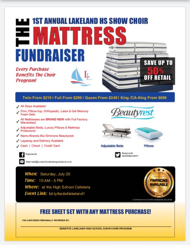 LainieRocks's tweet photo. @WTHDNEWS Please retweet &amp; thank you!
Lakeland HS Show Choir is having a mattress sale fundraiser this Saturday July 20 from 10-5. Name brands &amp; financing available. Up to 50% off retail. Please support  @LHSVocalMotion choir here in LaGrange! https://t.co/Y9GdTw6x0z