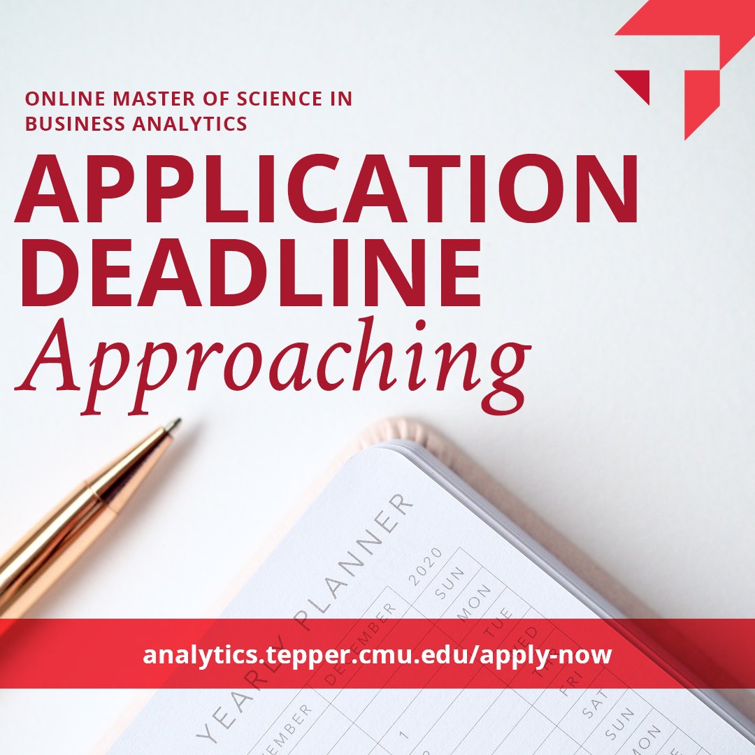 teppercmu's tweet photo. The final submission deadline for our online M.S. in Business Analytics program Fall 2019 start is August 18. Visit our website to complete your application>> https://t.co/2dGng2N1lD #TepperMSBA https://t.co/AUlzPNvbZV