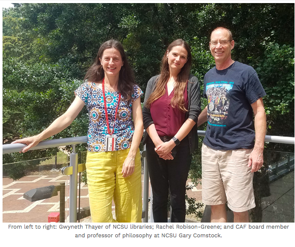 cultureanimals's tweet image. The 1st Tom Regan Visiting Research Fellowship granted to Rachel Robison-Greene, a Post-Doctoral Fellow at @USUAggies researching the in vitro meat revolution. 

Pictured: Gwyneth Thayer of @ncsulibraries; @GreeneRobison; &amp;amp; CAF board member Gary Comstock. 
cultureandanimals.org/programs/fello…