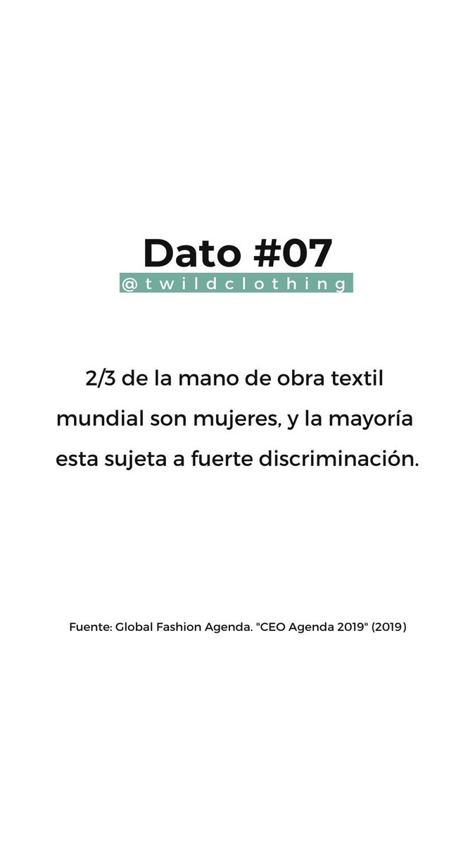 #Dato07 2/3 de la mano de obra textil mundial son mujeres, y la mayoría esta sujeta a fuerte discriminación. Fuente: globalfashionagenda.com/ceo-agenda-201…