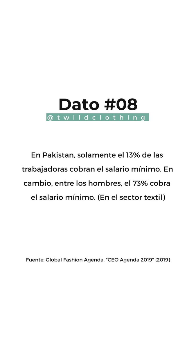 #Dato08 En Pakistan, solamente el 13% de las trabajadoras cobran el salario mínimo. En cambio, entre los hombres, el 73% cobra el salario mínimo. Fuente: globalfashionagenda.com/ceo-agenda-201…