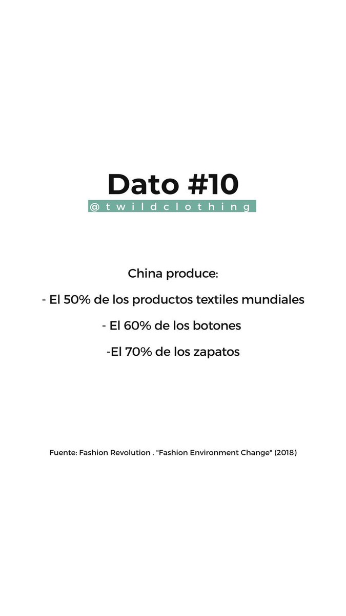 #Dato10 China produce:

- El 50% de los productos textiles mundiales.
- El 60% de los botones.
- El 70% de los zapatos.

Fuente: issuu.com/fashionrevolut…