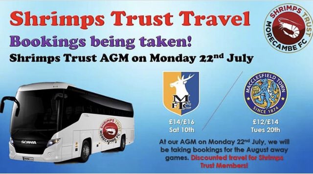 shrimpstrust's tweet photo. ๐จ๐ AWAY TRAVEL ๐๐จ
We will be taking bookings for the August away games at Mansfield and Macclesfield at our AGM on Monday 22nd July, from 7pm in the #LocalChoiceSuite at the #GlobeArena
Why not tag a friend you will be travelling with this year ...!
#StrongerTogether ๐ฆโฝ๏ธ๐ https://t.co/kaa5tmSmIu