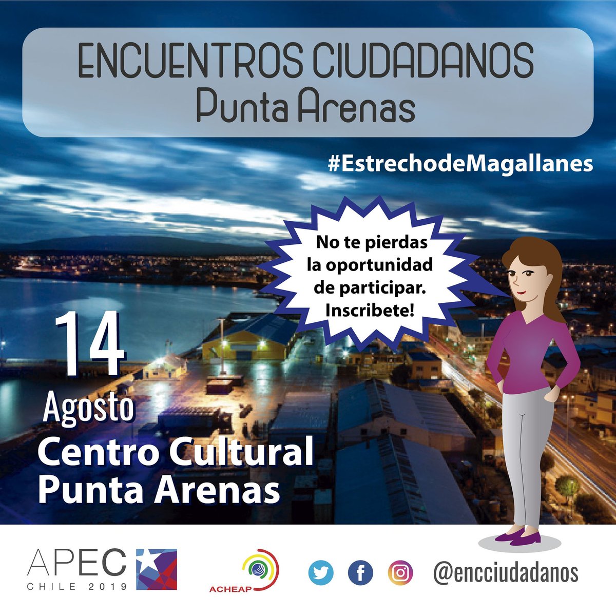 Todo listo #Antofagasta
¿Ya te inscribiste?
Nos vemos el miércoles 18 de Octubre a las 08:30 horas en el Hotel Antofagasta... participa de #EncuentrosCiudadanos ¡¡Los esperamos!! #apecchile2019 #economiaoceanica #energia  #tecnología #mujer #futuro