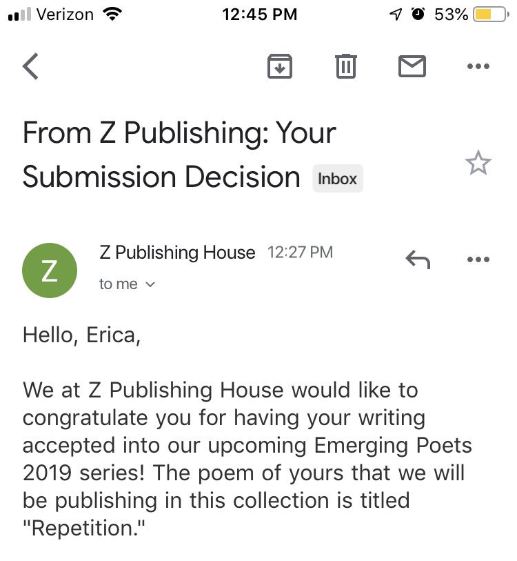 Thank you <a href="/TX_Writers/">Z Publishing Texas</a> for this honor! I am looking forward to seeing this piece in print. ☺️📝 
-
-
#EricaNicolePoetry 
#poetry 
#published 
#poems 
#mentalhealthawareness 
#texaspoet