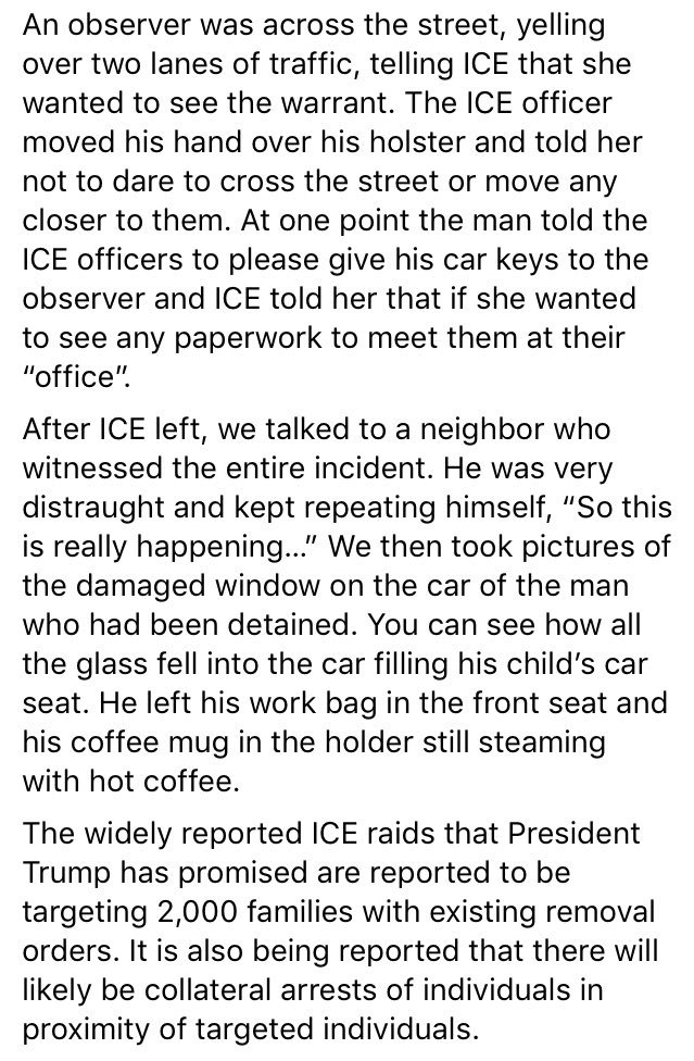 Whatapityonyou's tweet photo. ICE dragged a man out of his car after breaking the window and threatened to shoot a nearby witness who asked for their warrant. https://t.co/8BIFz9kVLf