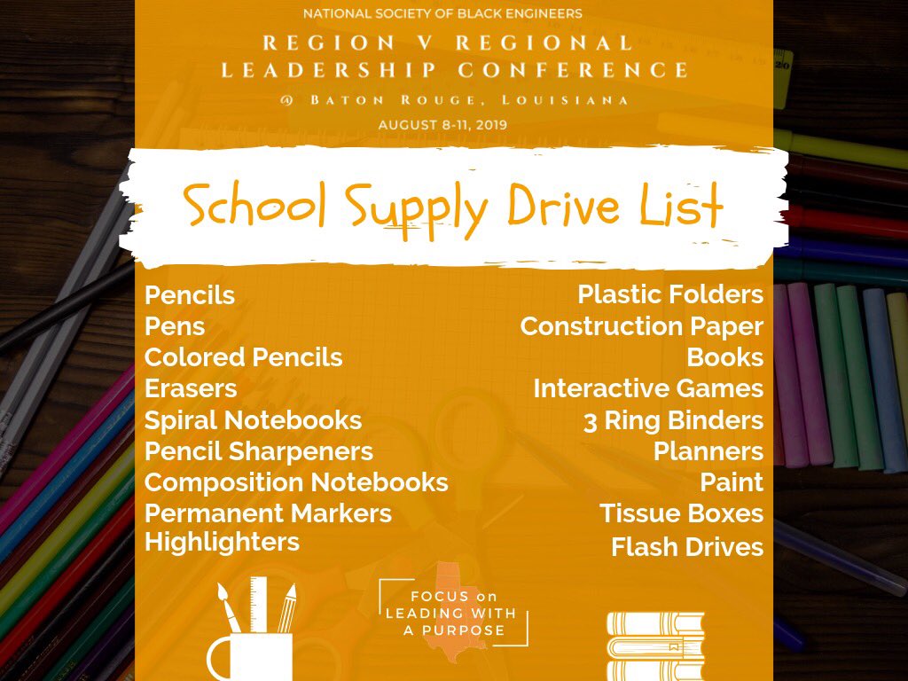 During our Region V Leadership Conference, we will be having a School Supply Drive📚📐✂️✏️

Make sure to help make an impact by bringing supplies or shipping supplies directly to the address listed if able! 

#R5RLC19
#VanguardRegion
#FOCUSonLeadingWithaPurpose