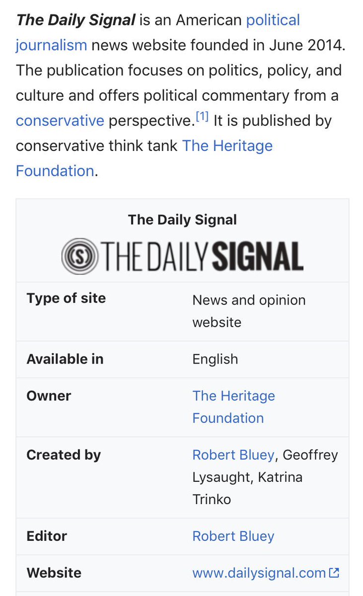 The Daily Signal  published by conservative think tank The Heritage Foundation.  https://en.m.wikipedia.org/wiki/The_Daily_Signal