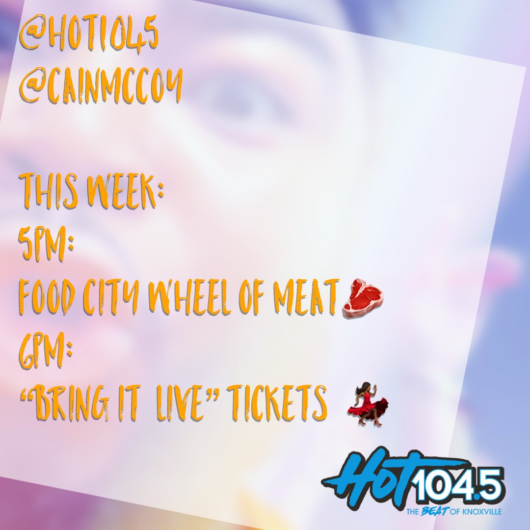 HOT1045's tweet image. This week with @CainMcCoy! Spin the @FoodCity #WheelOfMeat plus your chance at @BringItLifetime Live tickets!

hot1045.net