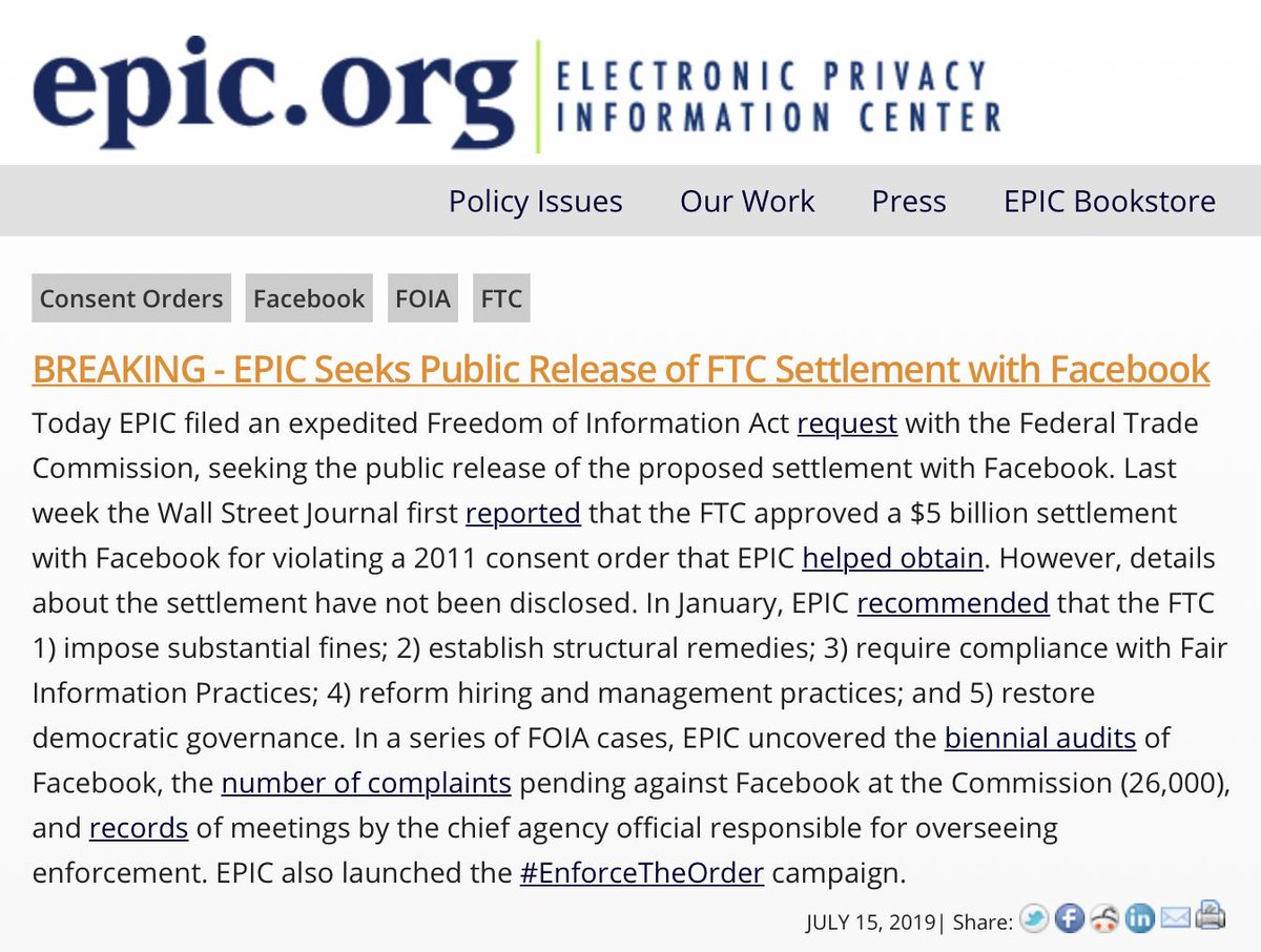 MarcRotenberg's tweet photo. BREAKING - @EPICprivacy "Seeks Public Release of FTC Settlement with Facebook." #privacy @facebook @FTC #EnforceTheOrder https://t.co/RvZ4qmWmyt https://t.co/jOsfS6OaCu
