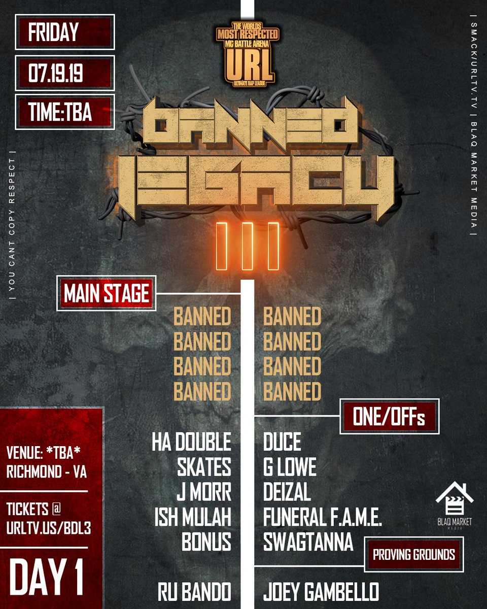 urltv's tweet photo. DAY 1 | next week, we back in Richmond!, BE IN THE BUILDING! | get your tickets, prices are subject to change at the door! | you do not want to miss it, the BANNED battles are crazy! | This is an App only event. #URLAppGang | Tickets @ https://t.co/vwZlEIHVsM |
.
.
.
 #BDL3_URLTV https://t.co/XRVSHd0JI4