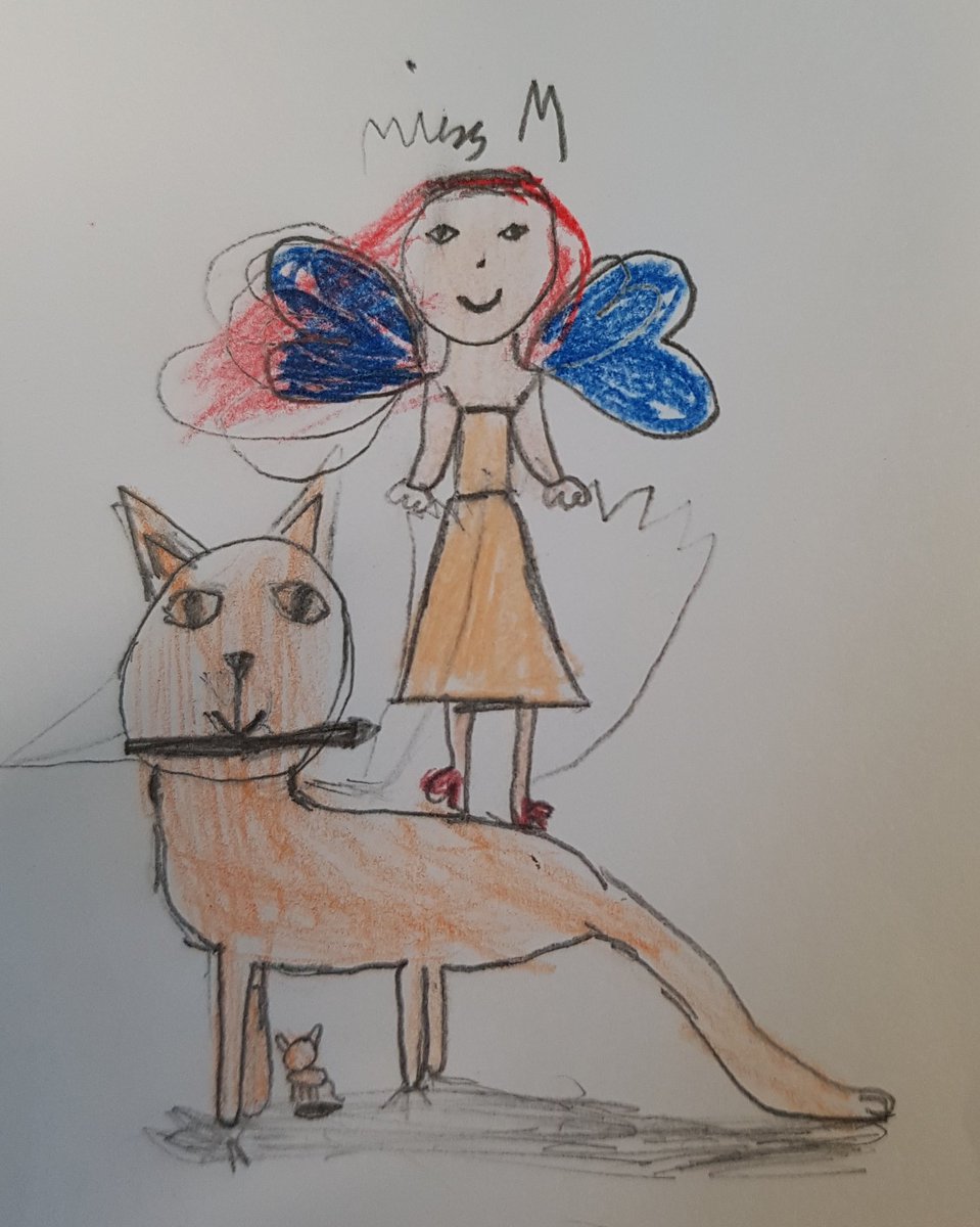 M_is_for_Magic_'s tweet image. I like to think that this is how my little students really see me:flaming red hair(still working on that) in the wind,blue wings spread,riding on my battlecat(who&apos;s bringing his kitten and an arrow along)to glory in a nice dress and red high heels.
#childrensart
#teachergoals
#❤
