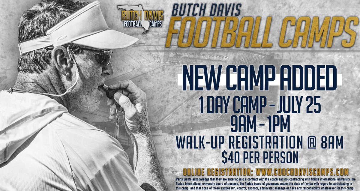 FIUCoachDavis's tweet photo. 3 more camps left for this year! Make sure to sign up for the newly added camp on July 25th, the padded OL/DL on the 27th and show your skills with your teammates at the King of the Cage 7on7 tournament on the 27th! 

For more info and to register, visit https://t.co/lJPfy4HmNE https://t.co/IYQQbmQloU