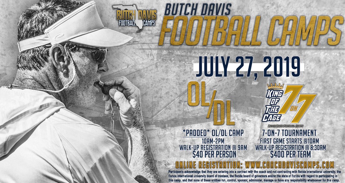 FIUCoachDavis's tweet photo. 3 more camps left for this year! Make sure to sign up for the newly added camp on July 25th, the padded OL/DL on the 27th and show your skills with your teammates at the King of the Cage 7on7 tournament on the 27th! 

For more info and to register, visit https://t.co/lJPfy4HmNE https://t.co/IYQQbmQloU