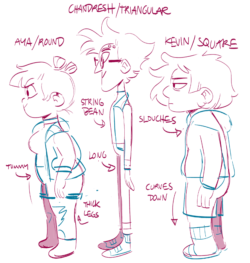 Something I like doing when making character designs is figuring out the best flow/shape language of each person. Hopefully you can tell a lot about who they are just by looking at them! 