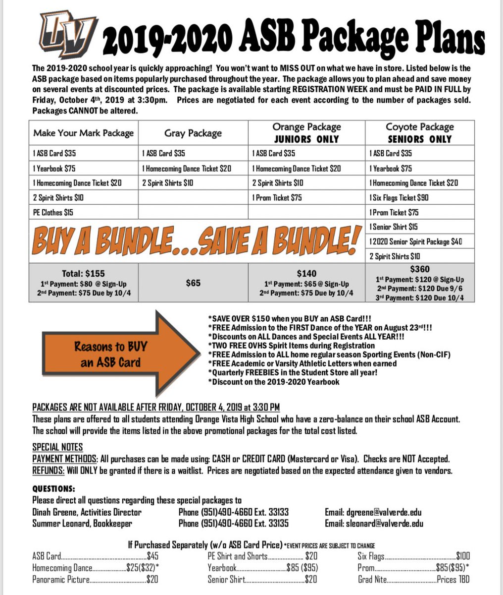 🚨 ATTENTION COYOTES‼️Get ready for the 1️⃣9️⃣-2️⃣0️⃣ school year. It’s time to go ALL IN at OV!!! We changed the packages a little so take a look! 👀 Registration is right around the corner. August 2nd🎓2️⃣0️⃣ August 5th🎓2️⃣1️⃣August 6th🎓2️⃣2️⃣August 7th🎓2️⃣3️⃣ #WeAreOV