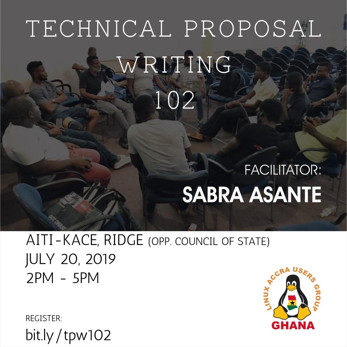 LaugGhana's tweet photo. As a follow up to Technical Proposal Writing 101. We're pleased to invite you to an advanced session this Saturday July 20, 2019 for
Technical Proposal Writing 102; The Open Source way :)
https://t.co/4UdjOcg7Q9 #Accra #LinuxAccra #opensource https://t.co/t5HOSHJEFg