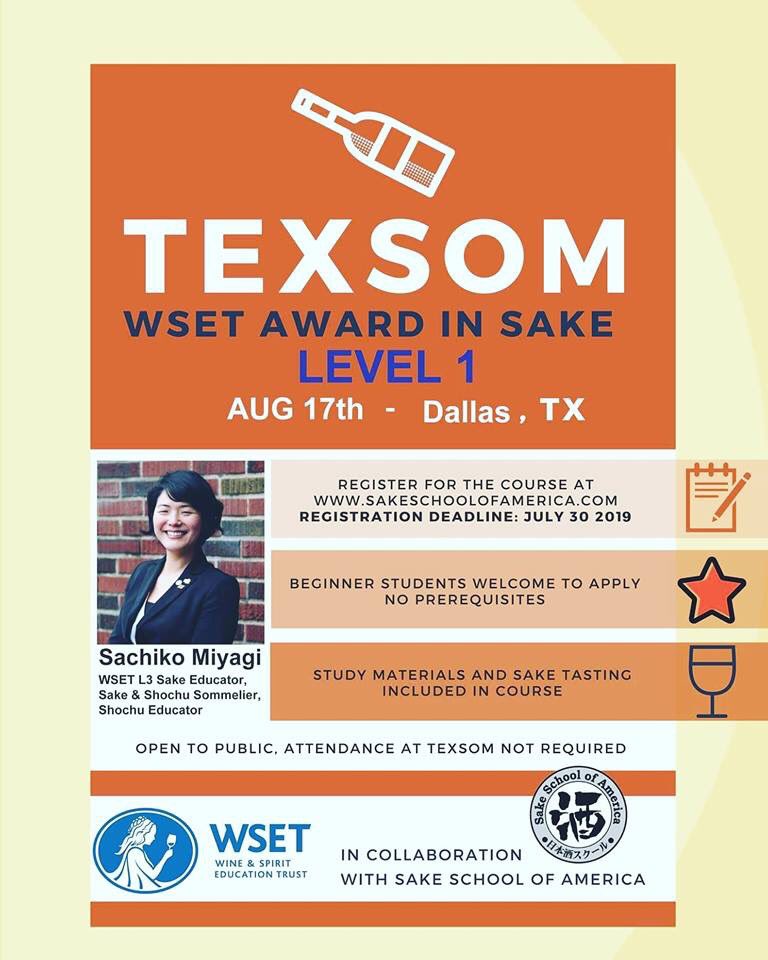 Certification opportunities are available at TEXSOM in advance of the conference from <a href="/WSETglobal/">WSETglobal</a> Educator Sachiko Miyagi is headed to Texas in August. You can achieve the WSET Award in Saké (Level 1) before the conference begins: sakeschoolofamerica.com/course/wset-le…