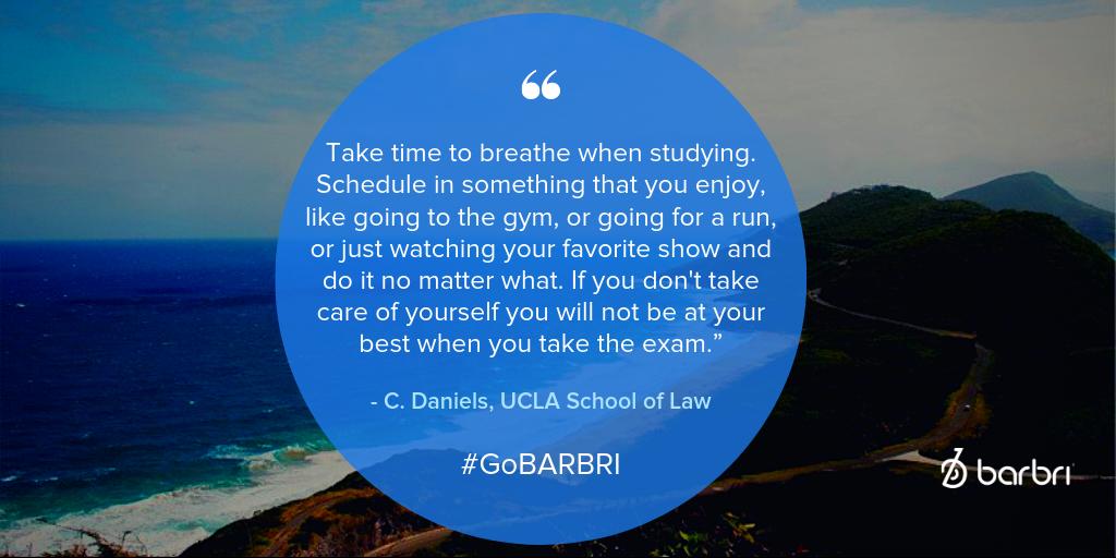 barbri's tweet photo. “Take time to breath when studying.  Schedule in something that you enjoy, like going to the gym, or going for a run. If you don't take care of yourself you will not be at your best when you take the exam.”

- C. Daniel, UCLA School of Law
.
.
 #OwnTheBar #BarExamTips #BARBRI https://t.co/lYEqQktVFw