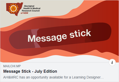 ahmrc's tweet photo. The July Edition of Message Stick is out now!
Read about AH&amp;MRC staff celebrating NAIDOC Week 2019, wrap-ups for Yarn Up, Your Health Your Future and the Dubbo Symposium and an update on the 2019 flu season. 
Read about it here >> https://t.co/3sS5Sbt8jG https://t.co/6Yk3tApfZy