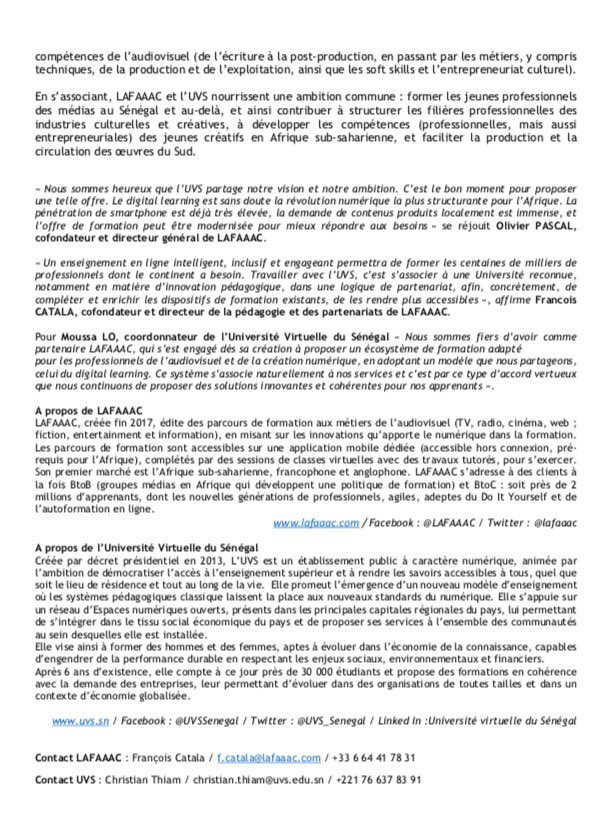 📣👩🏼‍🎓👨🏼‍🎓LAFAAAC et l’Université Virtuelle du Sénégal vous annoncent la signature d’un Partenariat qui participe à la structuration du secteur de l’audiovisuel en Afrique, en proposant des formations innovantes et inclusives 🎥📝📣👍🏼
lnkd.in/gUr2W2H