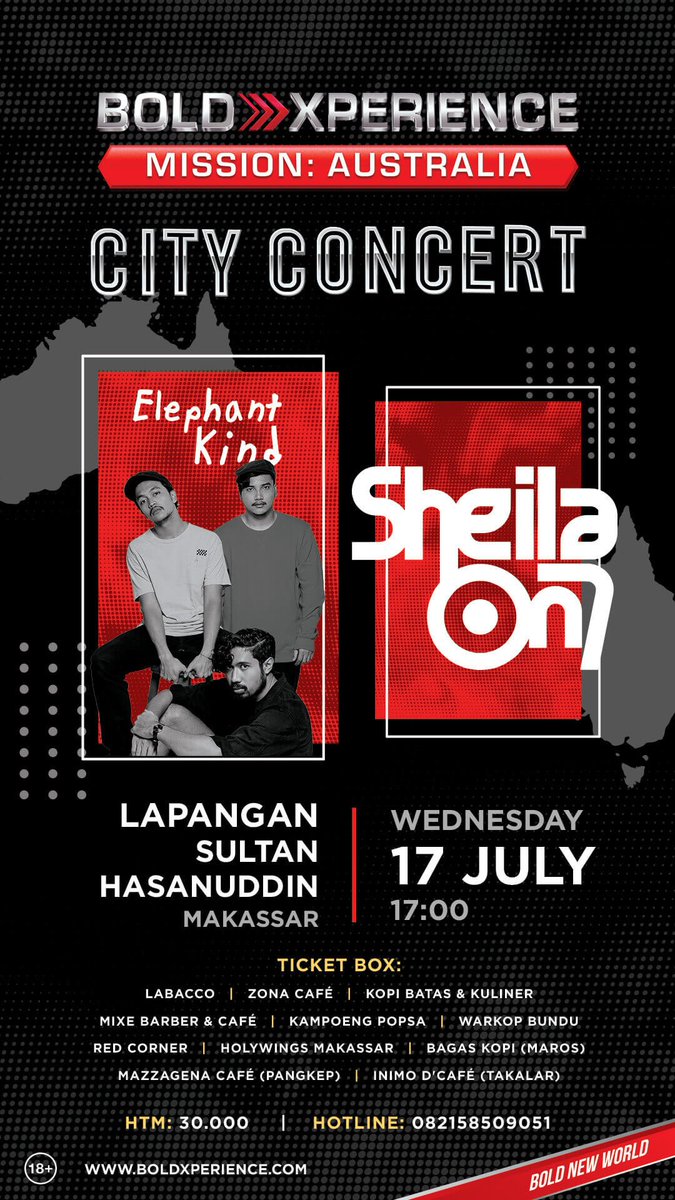 Makassar dan sekitarnya, sampai jumpa besok hari Rabu, 17 Juli 2019 di "Bold Xperience Mission Australia City Concert" Lapangan Sultan Hasanuddin Makassar.

<a href="/boldxperience/">Boldxperince2016</a> <a href="/SG_KotaDaenk/">SheilaGank Makassar</a> #sheilaon7 #sheilaon7day #sheilagank #so7Makassar #SheilaonJuly #BoldXperience #Makassar